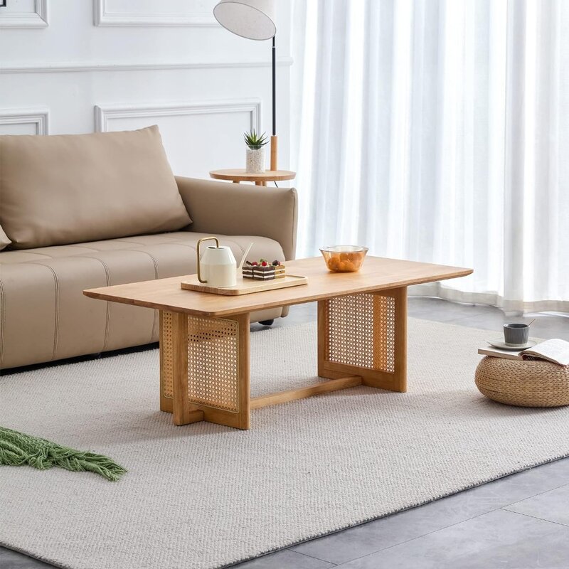 Mesa de centro Rectangular de ratán, mueble de madera maciza con patas cruzadas para sala de estar, Dolce Gusto gratis