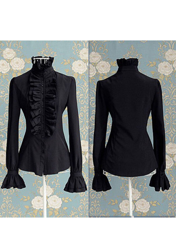 Модные викторианские женские топы с оборками и длинным рукавом, однотонная офисная рубашка с оборками, офисная блузка с оборками и высоким воротником, Осенние Топы