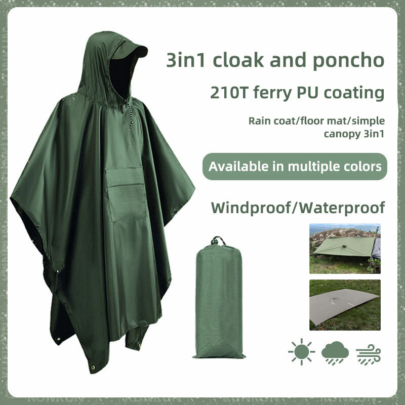 Impermeável multifuncional portátil, Poncho de chuva com capuz, Poncho de caminhada, Outdoor Camping Tent Mat, 3 em 1