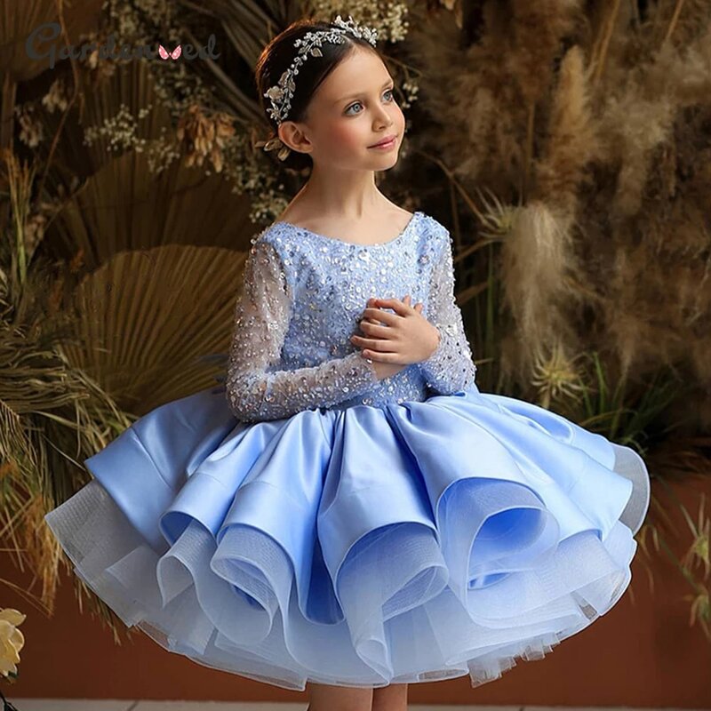 小さな女の子のためのきらめくドレス、長袖、子供の誕生日の衣装、子供のためのフォーマルなカクテルペガントドレス、フラワーガールドレス