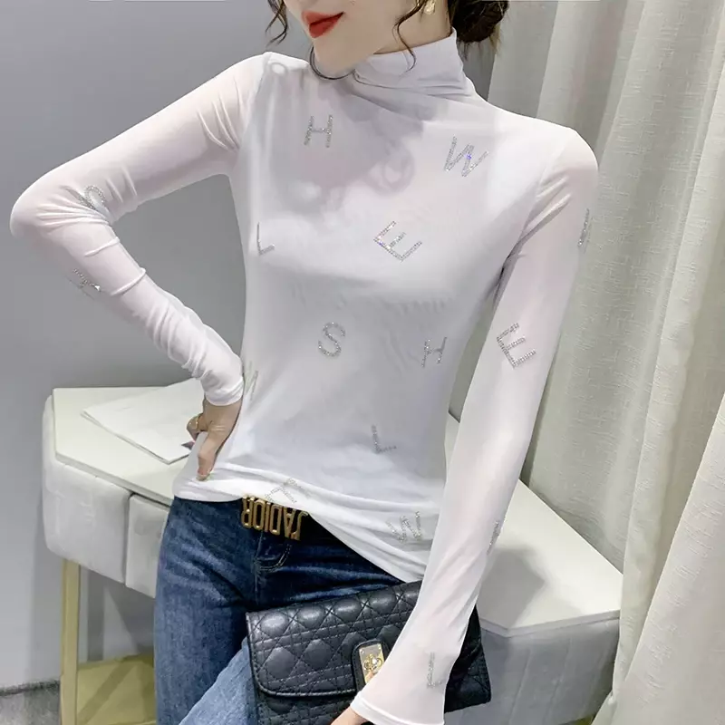 女性用長袖タートルネックTシャツ,夏用タートルネックトップ,超薄型シルク,半袖,ラウンドネック,2023