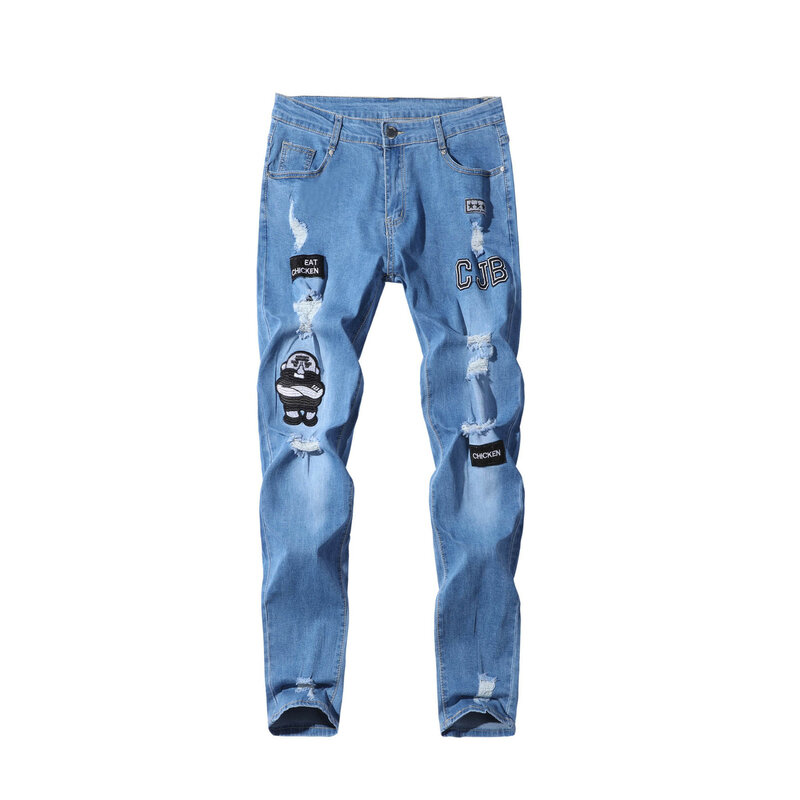 Jeans Pria Baru Jeans Kasual Rusak Celana Olahraga Pria Cetakan Huruf Celana Pensil Elastis Ramping Pria Kasual Empat Musim