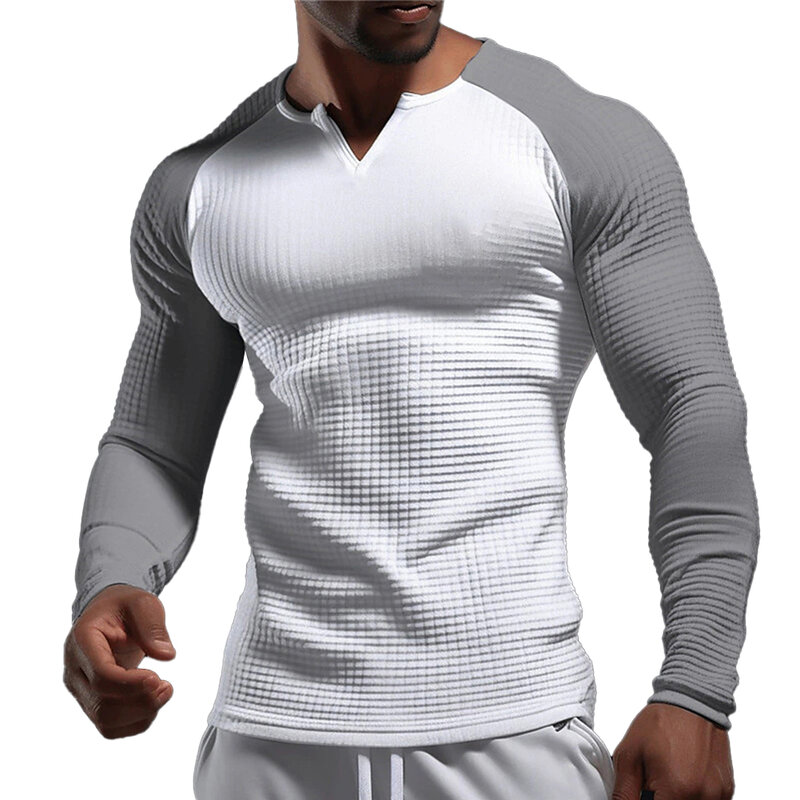 Camiseta informal de manga larga para hombre, Top acanalado de gofres, corte ajustado, Color sólido