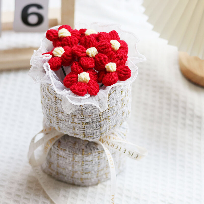 クリエイティブなかぎ針編みのウールのブーケ、ニットの花の装飾、シミュレーションパフフラワー、手作りの織り、完成したブーケ、誕生日、バレンタインデーのギフト