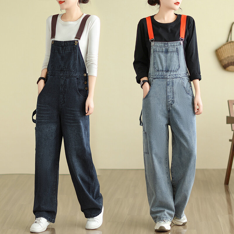 Aricaca Frauen Streetwear Denim Overalls Vintage lose lässige Hose mit weitem Bein hohe Taille Riemen gerade Jeans