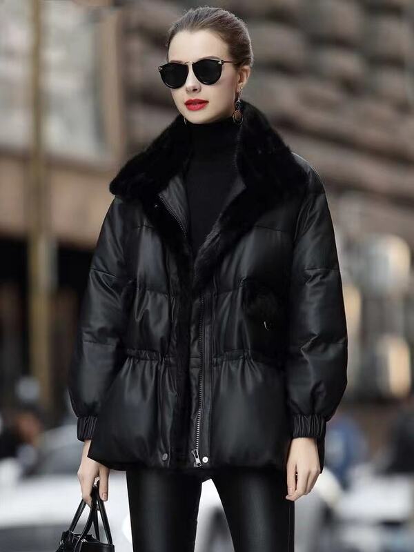 Haining-abrigo corto de piel de oveja auténtica para mujer, abrigo de moda con cuello de visón, novedad de invierno, 2024