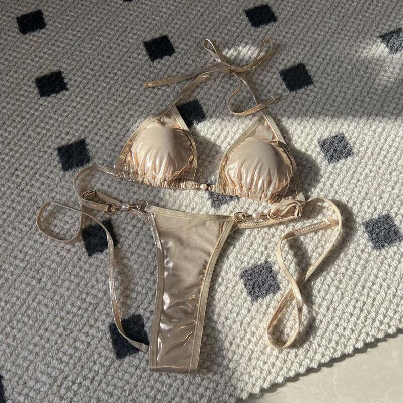 Conjunto de biquíni sexy feminino, superfície brilhante, sutiã de pérola falsa, tanga com cordões, maiô brasileiro, moda praia, roupa de banho, 2 peças