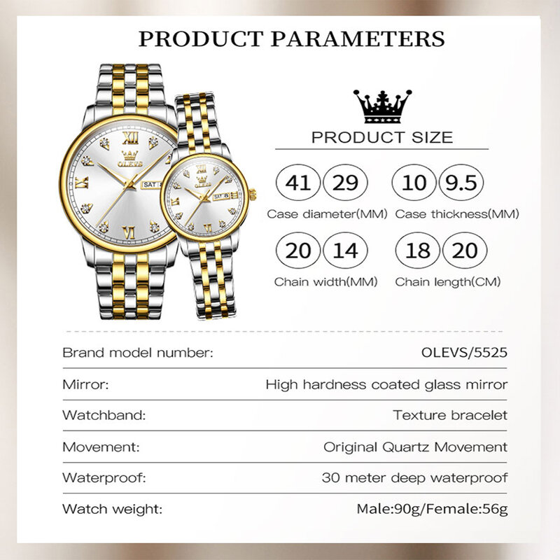 OLEVS Fashion Quartz Watches for Couple Luxury Golden Stainless Steel Couple Watches Waterproof Luminous Ladies Wristwatch Reloj