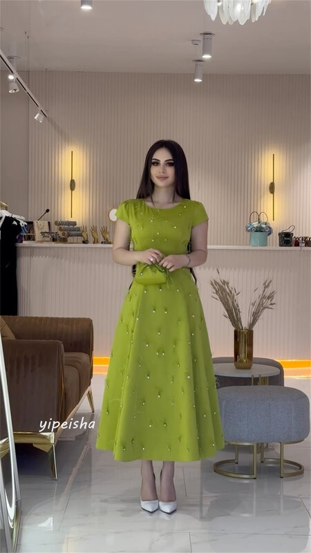 Jersey Beading Draped Celebrity A-line O-Neck Bespoke Occasion Gown Midi Dresses