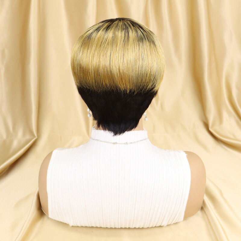 Peluca – perruque Afro brésilienne courte avec frange, 100% cheveux naturels, coupe Pixie, couleurs blond miel ombré, pour femmes africaines, tendance
