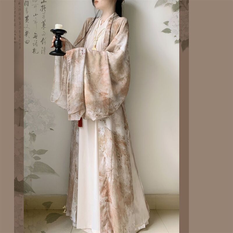 طقم فستان هانفو بأكمام كبيرة للإناث ، على الطراز الصيني ، عناصر هان ، هانفو اليومي ، أسرة هويجين ، الربيع ، الصيف ،