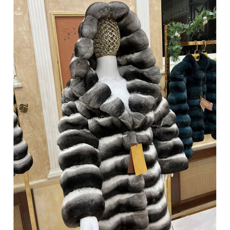 Real Fur Coat With Hood Winter Long Coat Genuine Rex Rabbit Fur Jacket Luxury Best Selling 2024