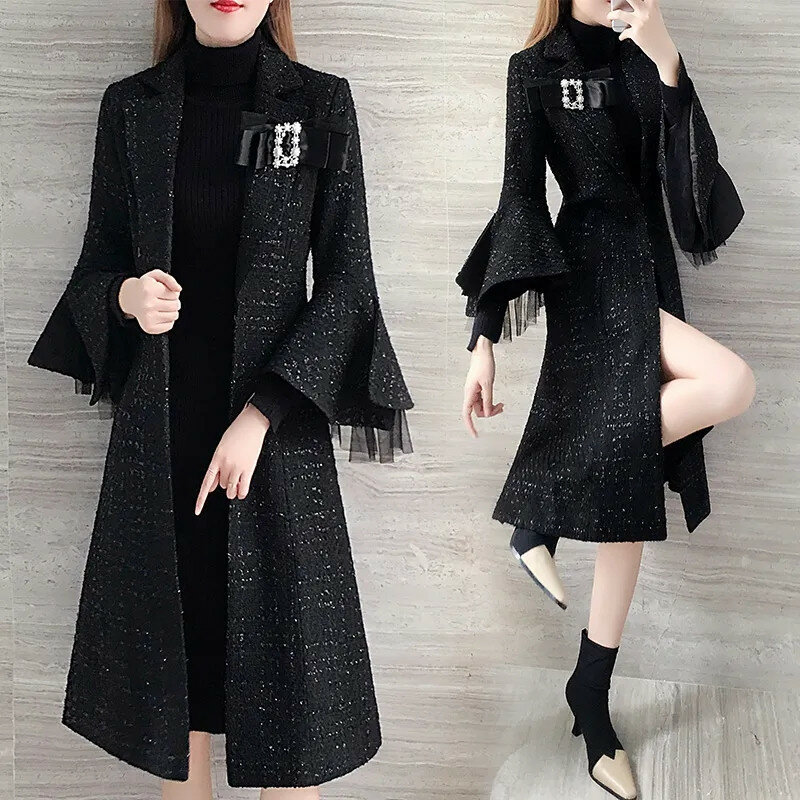 Casaco de lã preto feminino, casacos de lã na moda coreana, longo temperamento, sobretudo feminino, casacos de maré, novos, outono e inverno 2023