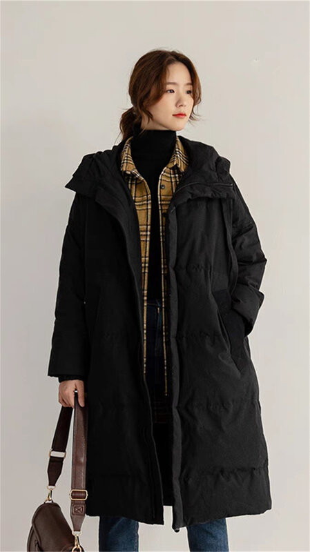 Jaket katun bertudung versi Korea untuk wanita, jaket panjang sedang longgar dan tebal musim dingin wanita