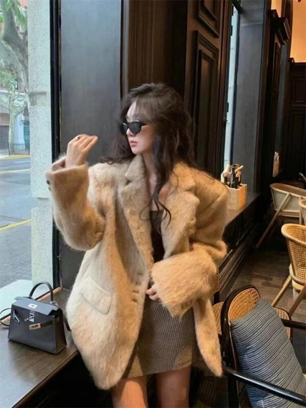 Fashion Fur Blazer Jacket Women Lapel Woolen Plush Pink Coats 2024 Chic Elegant Long Sleeve Office Lady Pockets Overcoat