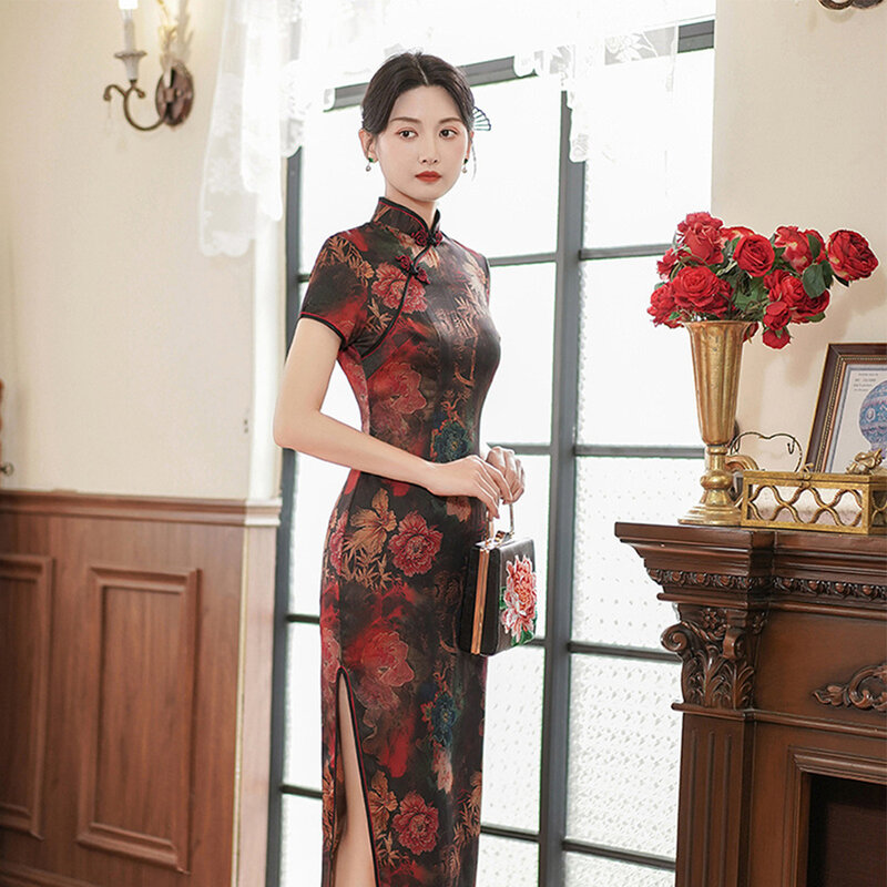 Vestido Qipao longo elegante com mancha de seda falsa para mulheres, cheongsam vermelho e dourado, festa de casamento chinesa