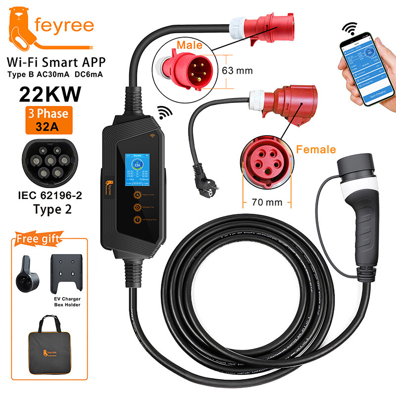 Feyree-cargador EV portátil para coche eléctrico, estación de carga EVSE, Control por aplicación Wi-Fi, 22KW, 32A, tipo 2 trifásico