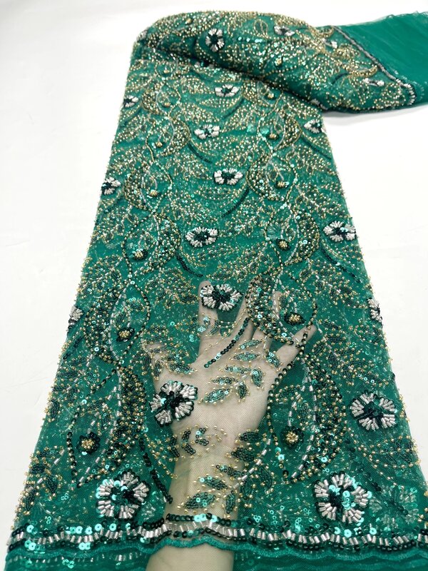 Новинка 2024, африканская кружевная ткань с блестками, Высококачественная вышивка 3D, французские Цветочные бусины, нигерийское Сетчатое кружево для свадебного платья