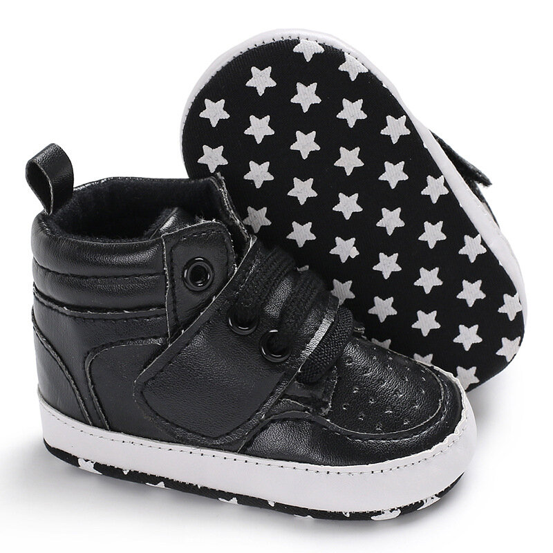 Sepatu kets bayi 0-18 bulan, sepatu Sneakers Fashion bayi baru lahir, sepatu tinggi bertali warna polos bersirkulasi antiselip untuk balita laki-laki perempuan 0-18 bulan