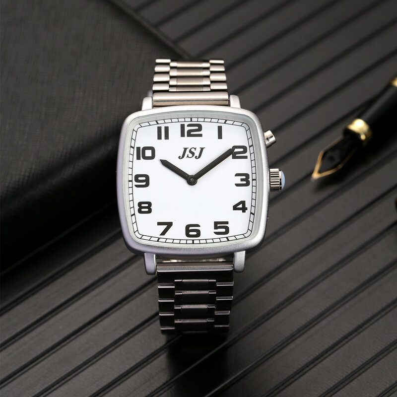 Relógio quadrado inglês com alarme, data e tempo de conversa, mostrador branco, faixa de expansão TESW-1703