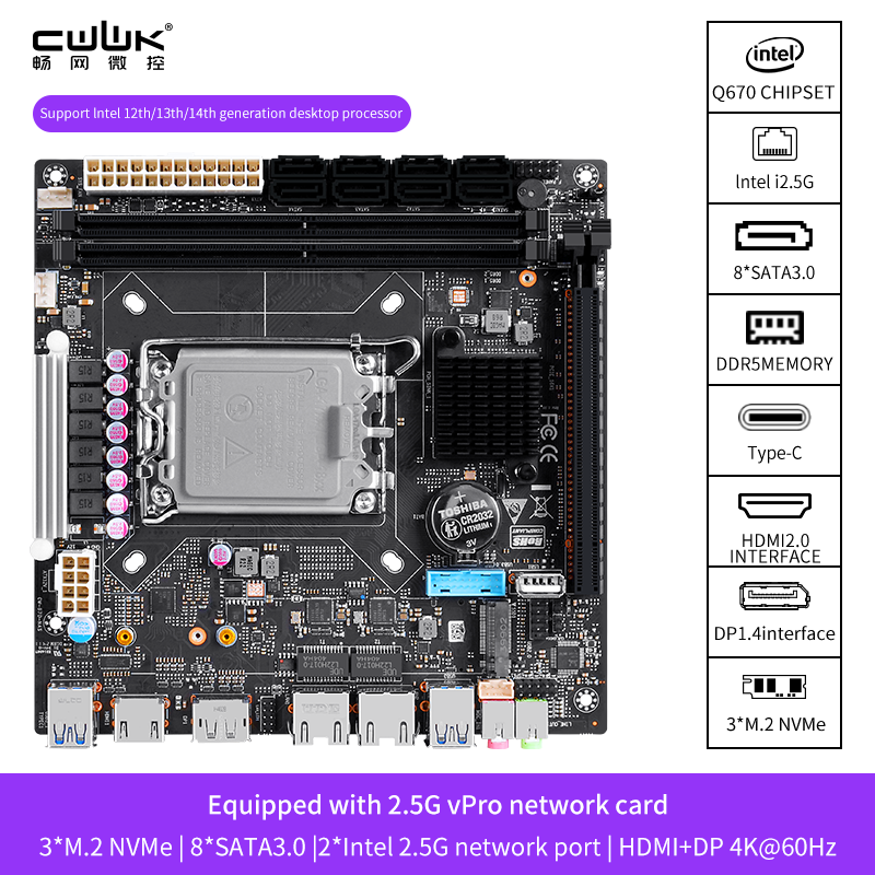 Q670 8-bay NAS motherboard is suitable for Intel 12/13/14 generation CPU |3x M.2 NVMe|8x SATA3.0|2x Intel 2.5G network port