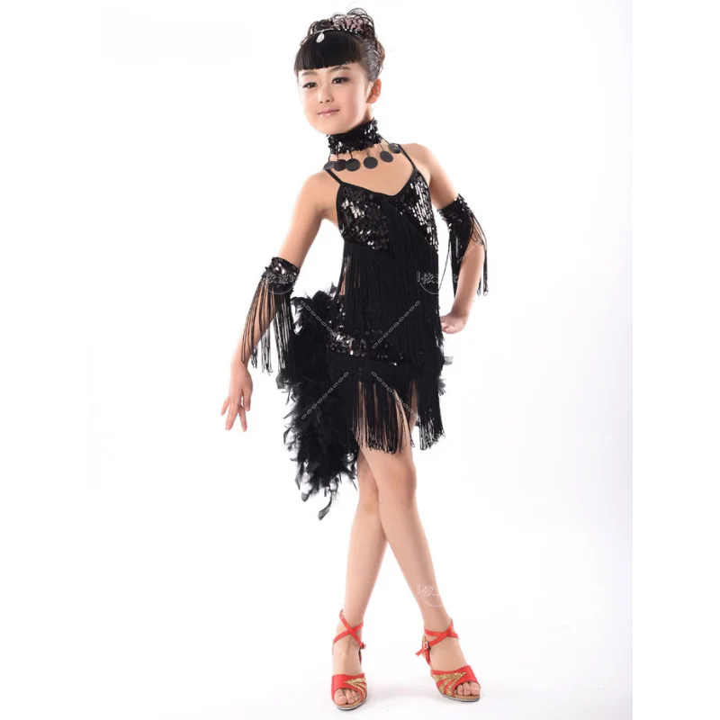 Children's Feather Latin Dance Dress Costume Girls Children's Sequined Tassel Latin Dance Competition Performance Wear