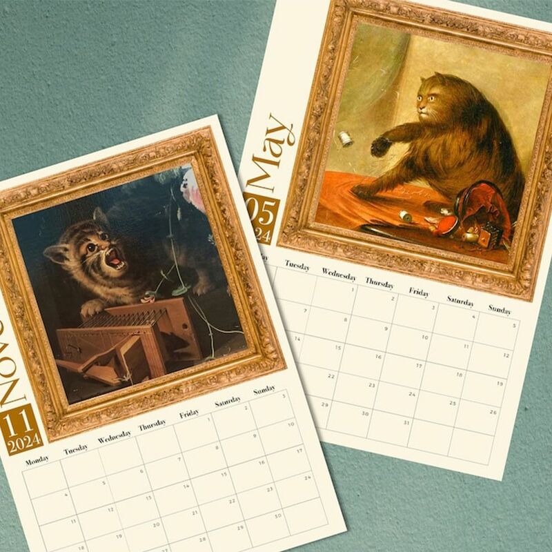 面白い中世の猫の壁掛けカレンダー,家の装飾,時間計画,アリババの猫,楽しい,新年の贈り物,2022紙