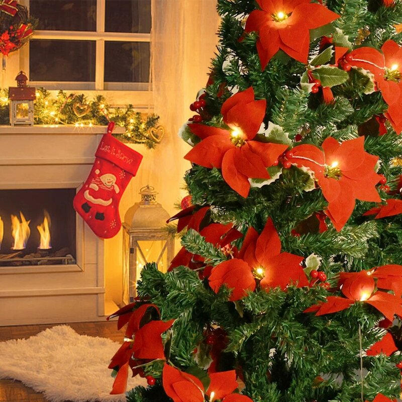 Flores de Poinsettia artificiales de Navidad, alimentada por batería guirnalda, guirnalda de luz, adorno de árbol de Navidad, decoración de fiesta de año nuevo, iluminación de 2M