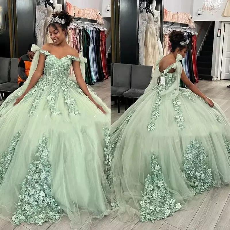 Sage Green Princess Quinceanera Dresses Cape Sleeve 3D Florals Appliques Prom Sweet 15 Birthday Dress For Women Party Gowns