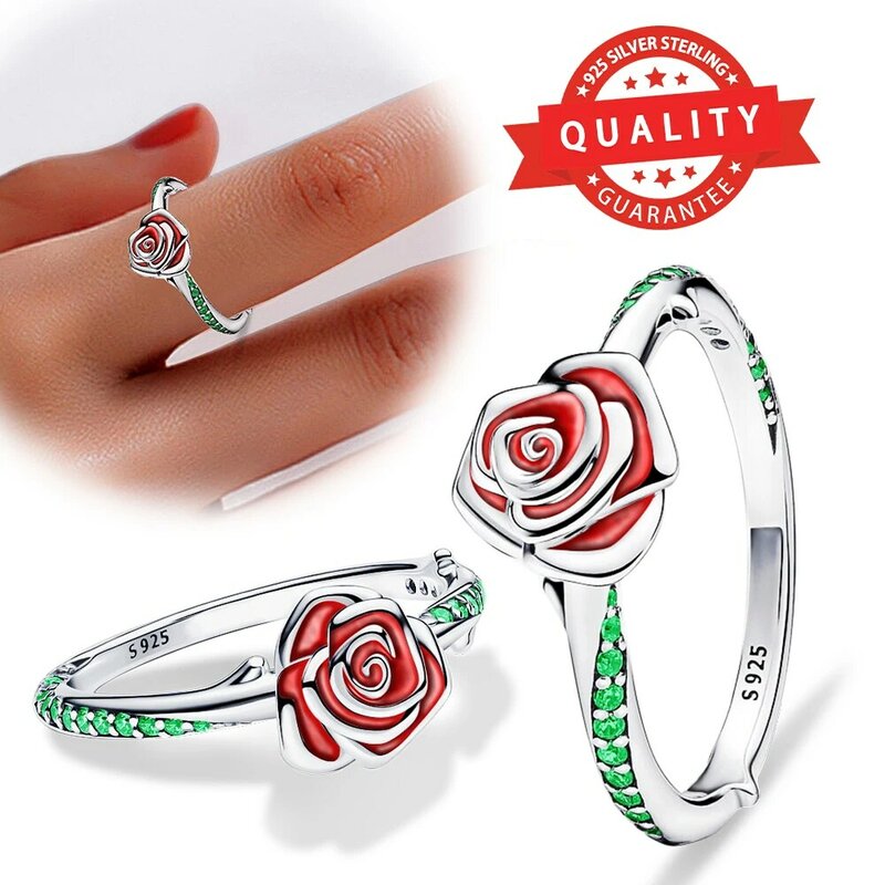 Женское кольцо из серебра 925 пробы, с зеленой розой