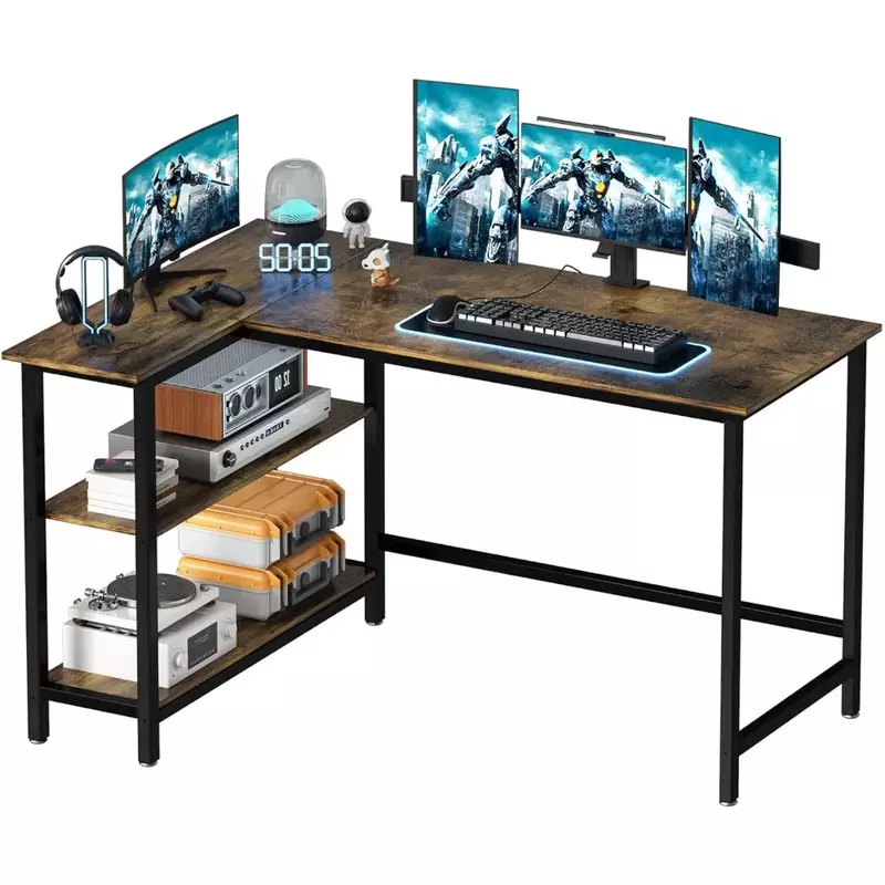 Mesa de computador marrom rústica com prateleira, escrivaninha em casa, estação de trabalho que economiza espaço, mobília de mesa para estudo de quarto