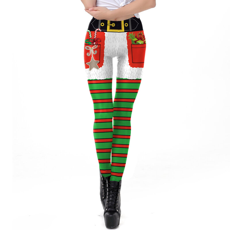 Nadanbao Kerst Grappige Vakantie Feest Broek Vrouwen Groene Streep Print Leggings Dames Mid Taille Elastische Panty Broek