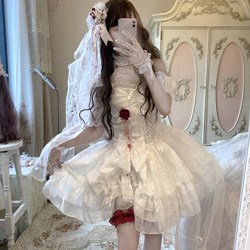 Gothic Lolita Prinzessin Kleid Frauen Vintage Terror Blut Braut Halloween Party Kleider weibliche Y2k Bandage Rose Spitze Mini Vestidos