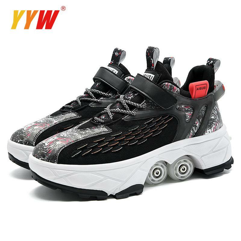 Sepatu Sneakers Deformasi Sepatu Roda Parkour Sepatu Roller Sneakers dengan Empat Roda Sepatu Lari untuk Uniseks 4 Sepatu Anak
