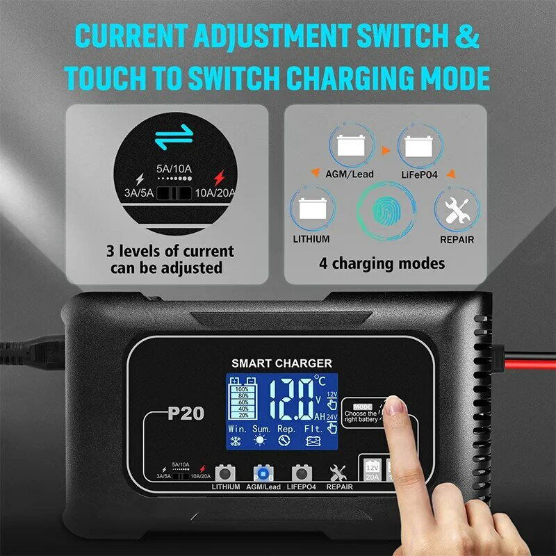 15A/20A Smart Battery Charger LCD Automatic Pulse Repair Charge for Car Motorcycle Battery Charger Lead-Acid Lithium Battery