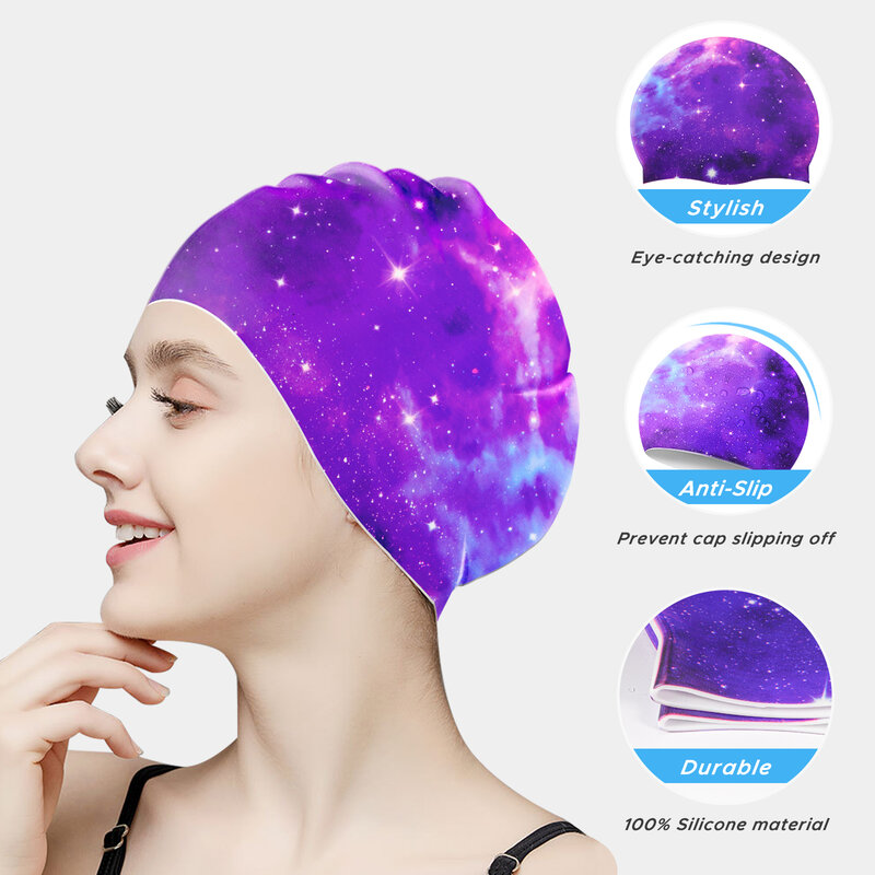 Topi renang wanita kedap air elastis dewasa, topi selam silikon langit berbintang besar rambut panjang melindungi telinga