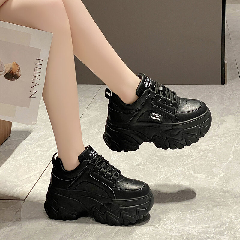 Rimocy 여성용 청키 플랫폼 스니커즈, 두꺼운 바닥, 숙녀용 아빠 신발, PU 가죽 패션, 화이트 블랙, 봄 가을