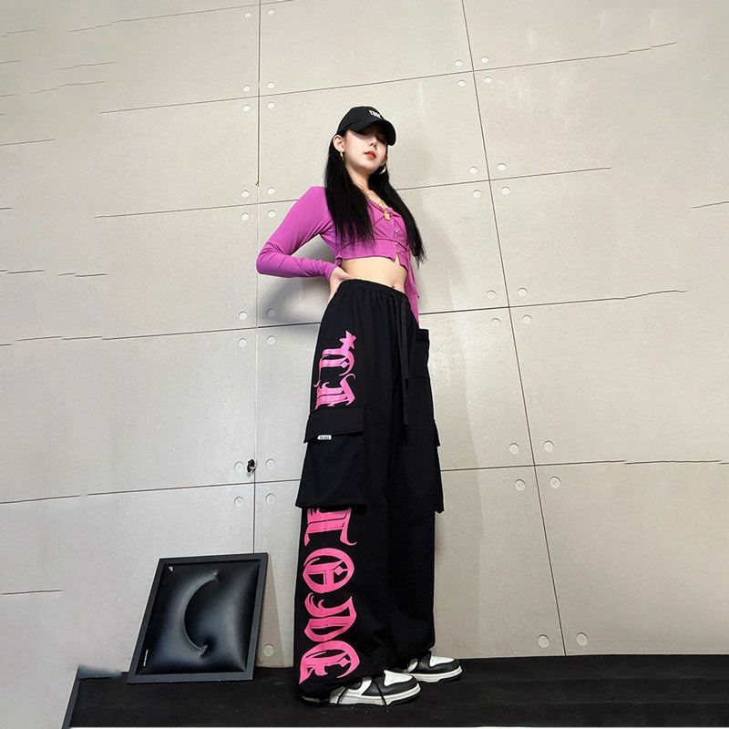 Celana Hip-Hop Kasual Wanita Cetak Retro Jalan Amerika Mode Y2K Wanita Semua Pertandingan Kasual Longgar Kaki Lebar Celana Panjang