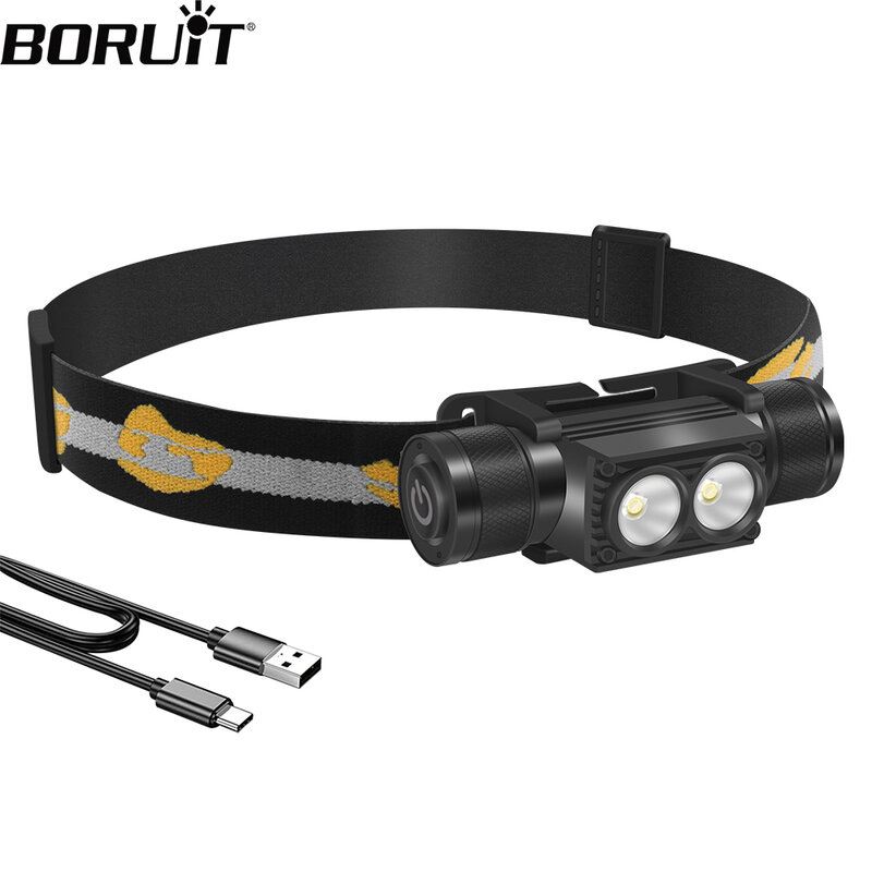 BORUiT D25 Dual LED Headlamp 6-Mode 1200LM Powerful Headlight Type-C Rechargeable 18650 Head Torch Camping Fishing Lantern