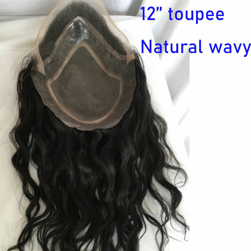Tupé de pelo largo para hombres, sistema de reemplazo de cabello humano virgen 100%, onda Natural, tamaño de Base 10 "x 8", Color negro Natural, 12"
