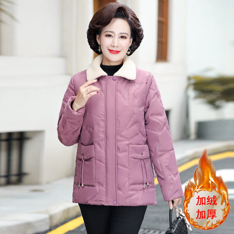 winter short Jacket Warm Lambs Wool Lapel Solid Loose Parkas Middle age Women Cotton-padded Tops Mother Cotton Coat