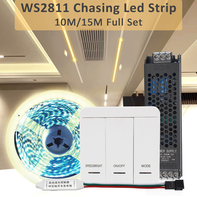 LED 실행 물 스트립 조명 24V 10M SMD 2835 WS2811 IC 픽셀 체이싱 흐름 테이프 리본 램프, 방 장식용 RF 컨트롤러 포함