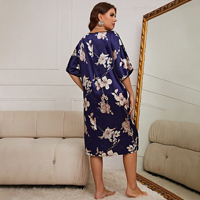 Large Size Pajamas Women's Mid-length Printed Pullover Dress Summer New Home Clothes Silk Ice Silk Nightdress