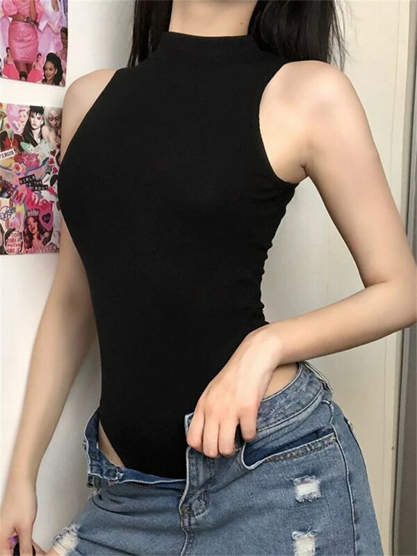 Harajuku jednolity kombinezon kobiet bez rękawów Bodycon seksowne czarne Body topy moda Streetwear Vintage Y2k gotyckie Body odzież