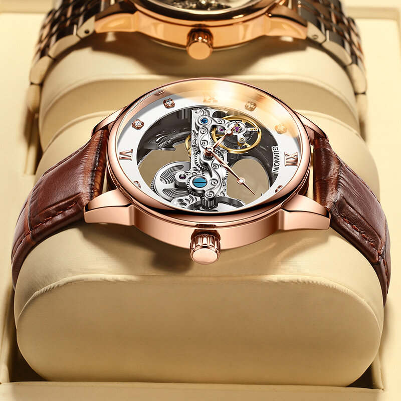 Guanqin-男性用の高級機械式時計,ブランド,スチールシェル,中空ダイヤル,ステンレス鋼,防水