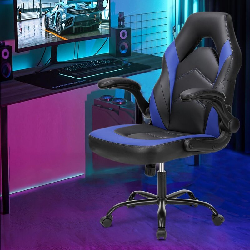 Sweetcrispy-cadeira giratória ergonômica e ajustável para jogos, cadeira de escritório de couro pu com flip-up