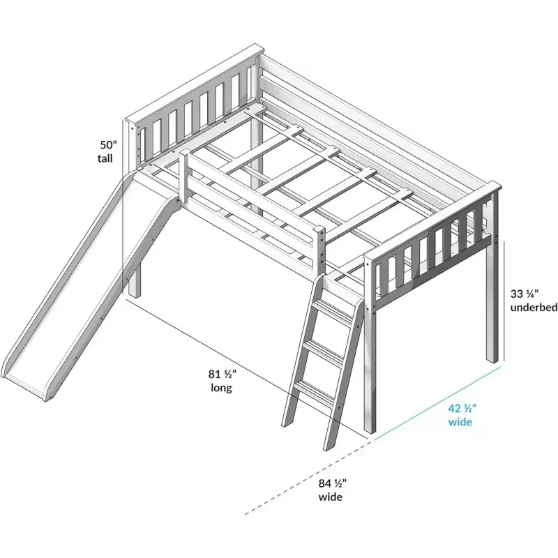 Max & Lily Low Loft Bed, Twin Bed Frame For Kids With Slide and Curtains For Bottom, Grey/Blue