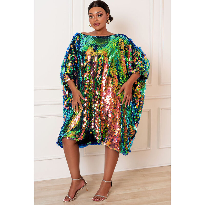 Plus Size Party Reflective Sequin Batwing Sleeves One Shoulder Mini Dress