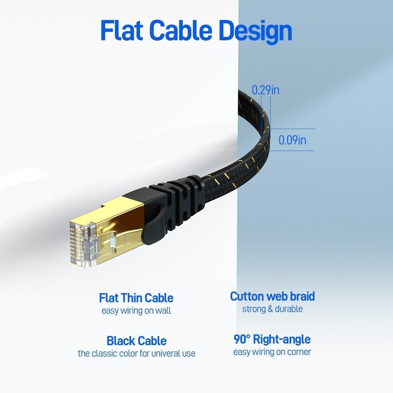 AMPCOM CAT7 Ethernet Cable Flat Lan Cable SFTP Round RJ45 Network Cable Cat 7 Internet Cord for Router Modem PC PS4 Patch Cable