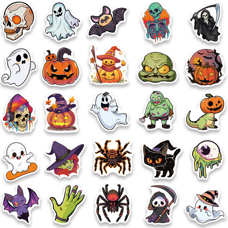 50 Stuks Grappige Cartoon Pompoen Ghost Skull Halloween Stickers Voor Laptop Telefoon Waterfles Gitaar Bagage Vinyl Graffiti Stickers